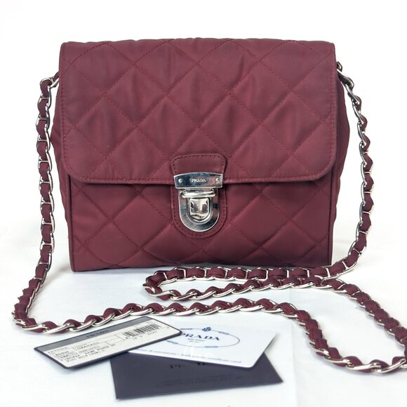 PRADA Impuntu Tessuto Quilted Nylon Chain Crossbody Bag Granato - Picture 1 of 14